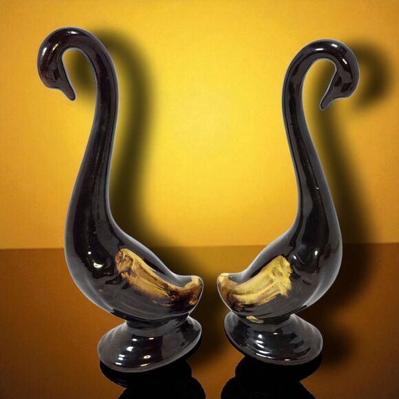 Vintage Japan Redware Pottery Swan Figurines Set 2 Brown Drip Glaze Mid Century - Picture 2 of 12